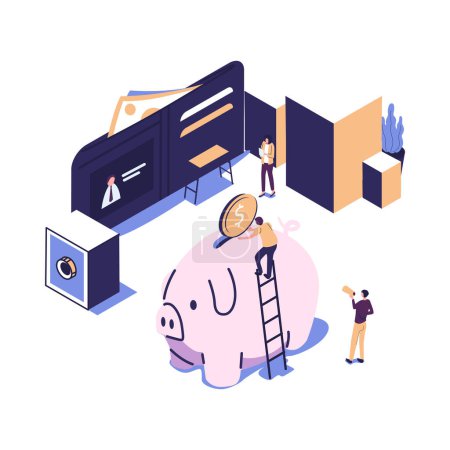 Illustration for Large piggy bank in the form of a pig on a white background, open purse, financial services, small bankers are engaged in work, saving or accumulating money - Royalty Free Image
