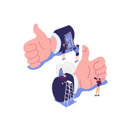 Illustration for Best performance, score five points. people leave reviews and comments that successful work is the highest score, the hand shows the gesture a class vector - Royalty Free Image