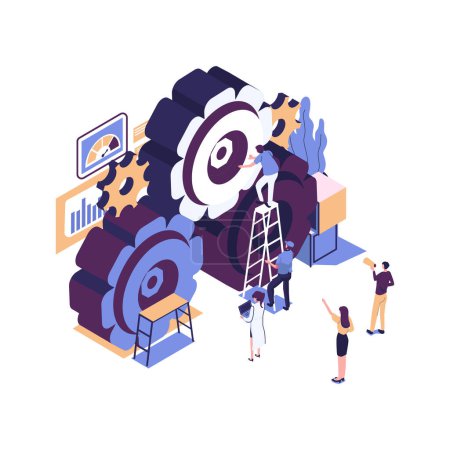 Illustration for Business concept of vector illustration, little people links of mechanism, business mechanism, abstract background with gears, people are engaged in business promotion, strategy analysis, vector - Royalty Free Image