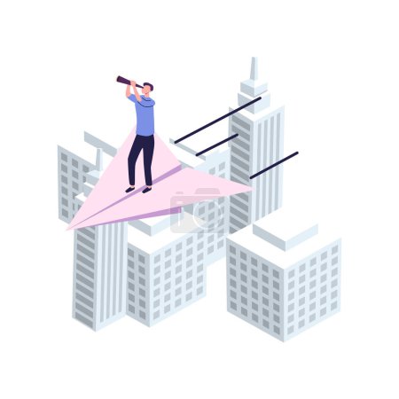 Illustration for A man seeks up on a paper plane, achieving a goal, the path to success is motivation, career advancement, search for ideas, teamwork - Royalty Free Image