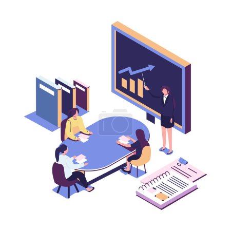 Illustration for Vector flat illustration, online training courses for employees, training skills enhancement, people sit at a conference and look at the big screen, the analysis of infographics - Royalty Free Image