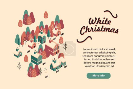 Ilustración de Paisaje navideño durante el día, casas decoradas nevadas, árbol de Navidad con guirnaldas y decoraciones, época de invierno. Vector muñeco de nieve y linternas, copos de nieve y casas con chimeneas, cajas de regalo, tienda - Imagen libre de derechos