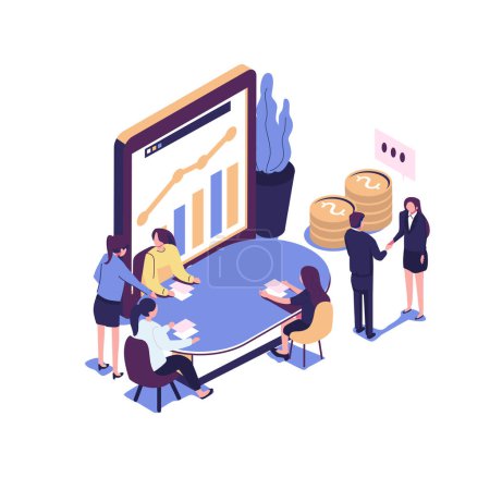 Illustration for The company is engaged in teamwork, raising a career to success, vector, filled with ideas of thought and analytics, genius ideas - Royalty Free Image