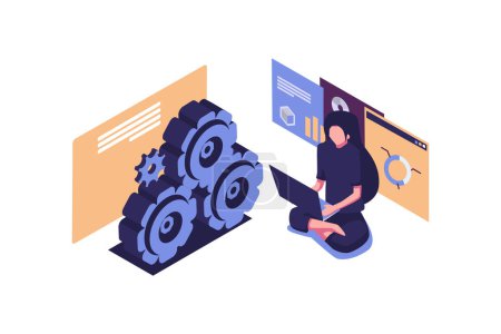 Illustration for The woman is working on the development of the design concept idea project. people help to generate an idea. creative business project. vector illustration. vector, Gear metaphor as a workflow - Royalty Free Image