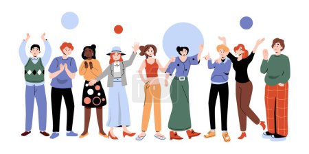 Illustration for Welcoming and applauding. Active fans audience with hands up standing together. Young men and women yelling at even - Royalty Free Image