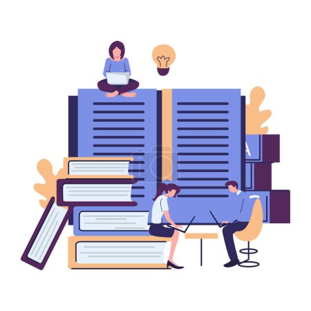 Illustration for People learning with book and laptops, people get education via online website, people learning schenes flat vector - Royalty Free Image