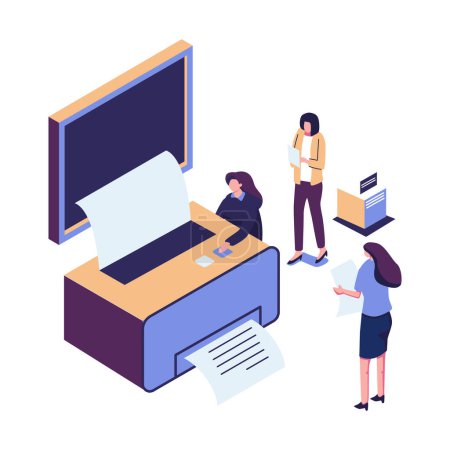 Illustration for People illustration that using printer to create document flat isometric vector design - Royalty Free Image