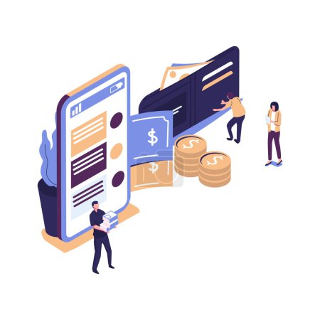 Illustration for Smartphone is merged all accounts, money, cards investment management flat isometric vector illustration - Royalty Free Image