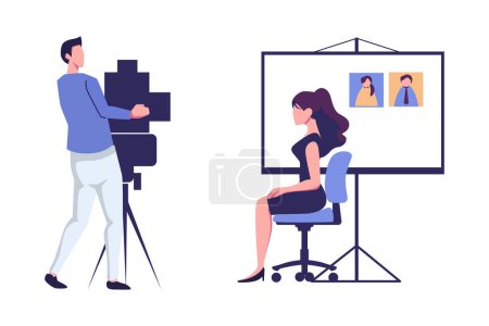 Illustration for Urgent photo for documents in the studio, a mirror lens with a flash, professional photo shooting flat vector - Royalty Free Image