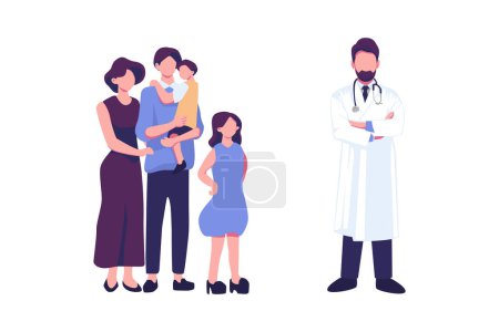 Ilustración de Médico de familia, tratamiento de la enfermedad infantil diseño de vectores ilustración de estilo plano - Imagen libre de derechos