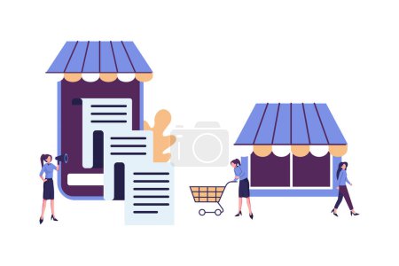 Illustration for Online shopping, receiving a check through the phone, business concept, online store, buying and selling flat vector illustration - Royalty Free Image