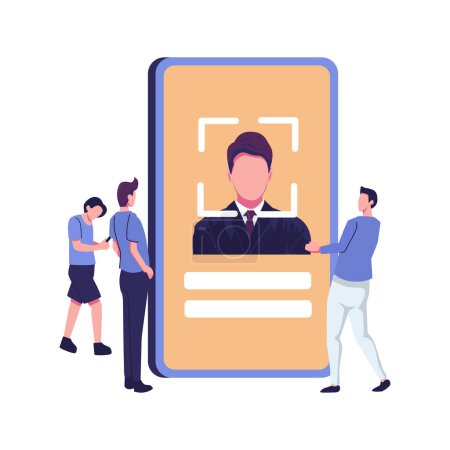 Illustration for Face recognition, man holds a phone in his hand and use face verivication detector flat vector illustration - Royalty Free Image