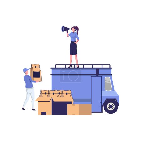 Téléchargez les illustrations : Livraison service, camionnage, transport publicité plat style illustration vectoriel design - en licence libre de droit