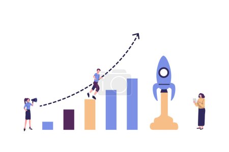 Illustration for People run to their goal on a column of columns, move up the motivation, the way to achieve the goal, rocket up - Royalty Free Image