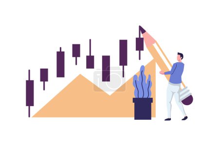 Illustration for Candlestick chart of the stock market, move up motivation, The way to achieve the goal flat vector - Royalty Free Image