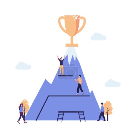 Illustration for Goal achievement, test to get first to the cup on the mountain, move up motivation flat vector illustration - Royalty Free Image