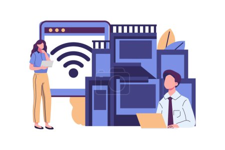 Illustration for Internet wi fi on home, smart home concept, communication between homes flat vector design - Royalty Free Image