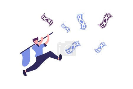 Ilustración de Carácter atrapa dinero con una red, símbolo de tomar un beneficio de estilo plano ilustración vector de diseño - Imagen libre de derechos