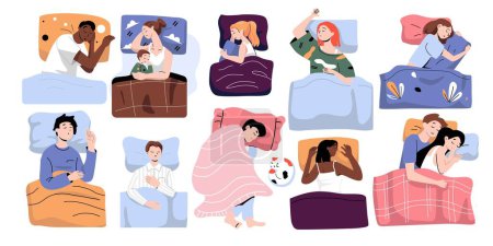 Téléchargez les illustrations : Les gens dorment dans la différence pose dessin vectoriel illustration de style plat - en licence libre de droit
