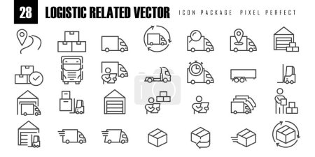 Téléchargez les illustrations : Ensemble simple d'icônes vectorielles connexes de ligne de camion logistique pixel parfait pour le vecteur d'application Web ou mobile - en licence libre de droit