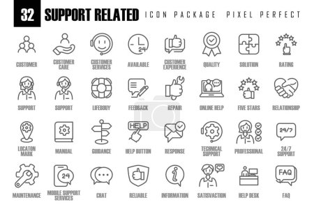 Illustration for Customer Service and Support, Outline Icon Pixel perfect. Thin Line Set contains such Icons as Online Help, Helpdesk, Quick Response, Feedback and more. Simple web icons set. - Royalty Free Image