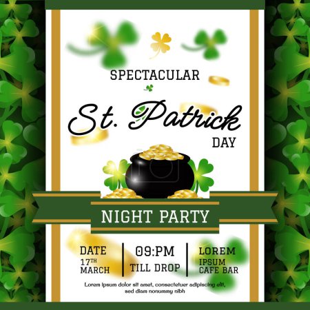 Illustration for St. Patrick's Day abstract green background decorated with shamrock leaves. Patrick Day pub party celebrating. Abstract Border art design magic backdrop. Widescreen clovers on black with copy space. - Royalty Free Image