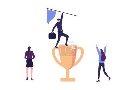 cheerful businessman winner raising flag on winning trophy. Victory or business achievement, triumph or award winning, accomplishment for leadership success, determination for career success concept.