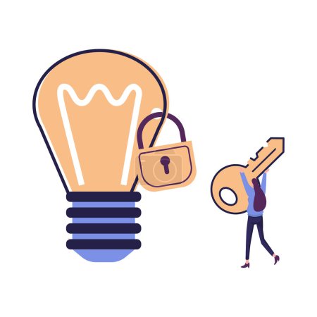 Illustration for Intellectual property, patented protection, copyright reserved or product trademark that cannot copy concept, businessman owner standing with light bulb idea locked with padlock for patents. - Royalty Free Image