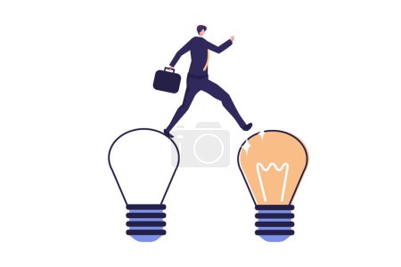 Geschäftstransformation, Change Management oder Übergang zu einem besseren innovativen Unternehmen, Verbesserung und Anpassung an ein neues normales Konzept, intelligente Geschäftsleute springen von alten zu neuen glänzenden Glühbirnen-Idee.