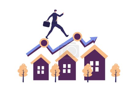 Illustration for Housing price rising up, real estate or property growth concept, businessman running on rising green graph on house roof. - Royalty Free Image