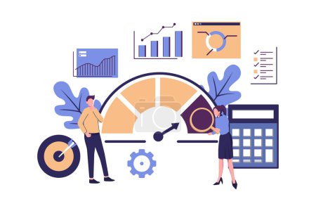 Illustration for Benchmarking. Compare quality with competitor companies. Performance, quality, cost comparison. Development strategy - Royalty Free Image