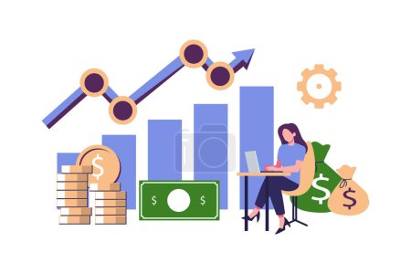 Illustration for Investment and Analysis Money Profits. Investor sitting on stack of coins. Employee Making Investing Plans, Calculating Benefits on Laptop. Profitable investment, funding Financial consulting, savings - Royalty Free Image