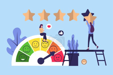 Illustration for Customer Satisfaction Meter with Emotions Icons. Survey Clients, Customers Review Rating and Best Estimate of Performance. Concept of Client Feedback, Consumer Online report. User Experience - Royalty Free Image