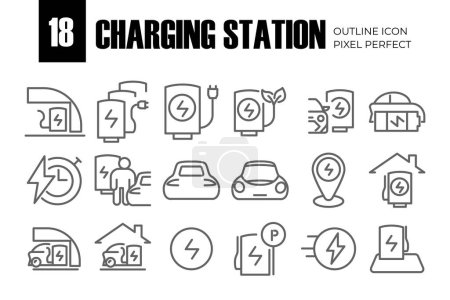 Illustration for Car Charging Station Related Vector Line Icons. Contains such Icons as Electric socket station, Car plugged to charge, Battery and more. Editable Stroke - Royalty Free Image