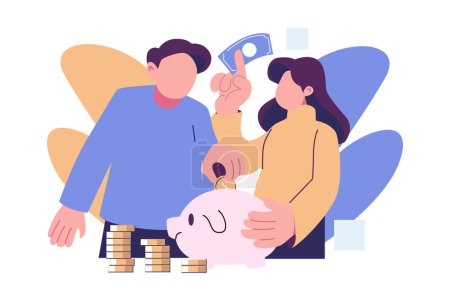 two couples save funds together, investment metaphore, partnership simbol, flat style illustration vector