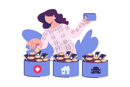 Illustration for Budget alocation, woman save money into different bucket flat style illustration vector - Royalty Free Image