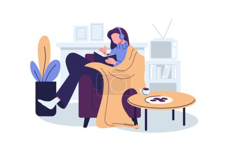 Illustration for Women reading book in winter at home flat style illustration vector design - Royalty Free Image
