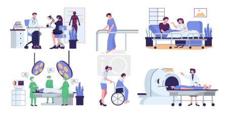 hospital scenes flat style illustration vector set design, MRI scene, therapy, care, surgery
