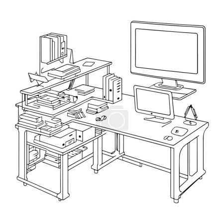 Illustration for Office desk with computer and books. vector - Royalty Free Image