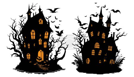 Ilustración de Feliz Halloween Scary Ghost House con murciélagos Vector Ilustración, Noche de Halloween casa de miedo ilustración - Imagen libre de derechos