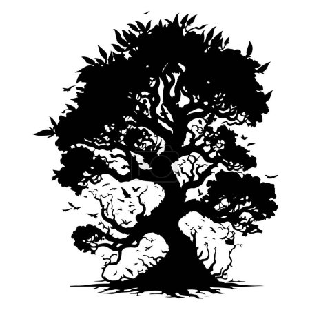 Téléchargez les illustrations : Ensemble de silhouettes d'arbres de Banyan. Gros arbre silhouette noire, bel arbre vecteur - en licence libre de droit
