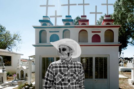 A Dia de los Muertos - Day of the death - Cowboy Man with Catrin Makeup Strolling Through a Mexican Cemetery