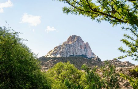 A Bernal Peak monolith in Mexico surrounded by green trees with space for text