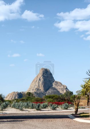 A Bernal Peak with agaves in the foreground, in Santiago de Queretaro, Mexico.