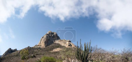 A Bernal Peak in Santiago de Queretaro, Mexico, full panoramic view with space for text.