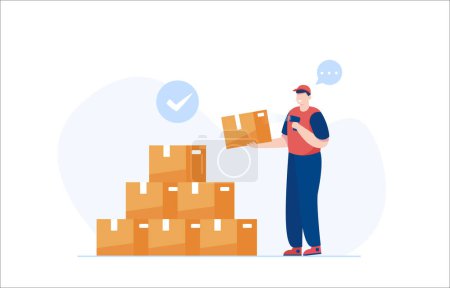 Warehouse Worker scanning parcel barcode. Vector Illustration