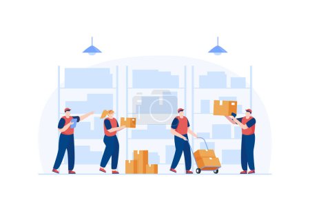 Photo for A person working in a warehouse. Employees sort boxes on carts. Vector illustration - Royalty Free Image