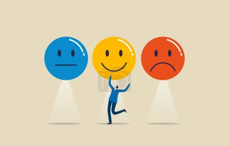 Photo for Emotional face choice. Emotional Intelligence or Psychology positive and negative. Young man or businessman chooses a smiley face. Illustration - Royalty Free Image