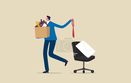 Mitarbeiter kündigen, kündigen oder das Unternehmen verlassen. Geschäftsmann verlässt das Büro. Arbeitslose mit Pappschachtel auf dem Weg aus dem Arbeitsamt.