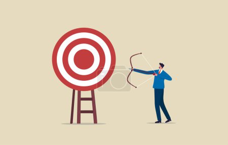 Konzentrieren Sie sich auf Ihr Ziel. Geschäftsmann Bogenschütze mit Bogen, Pfeilen und Zielscheibe. Illustration